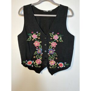 Vintage Contempo casuals Embroidered Vest Women's M/L Black Button Front Boho‎